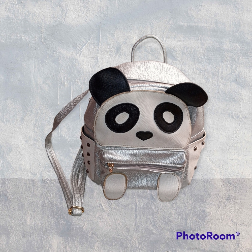 Girl's Panda Silver Leather Backpack